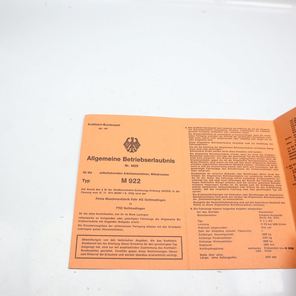 FAHR MÄHDRESCHER M 922 BETRIEBSERLAUBNIS